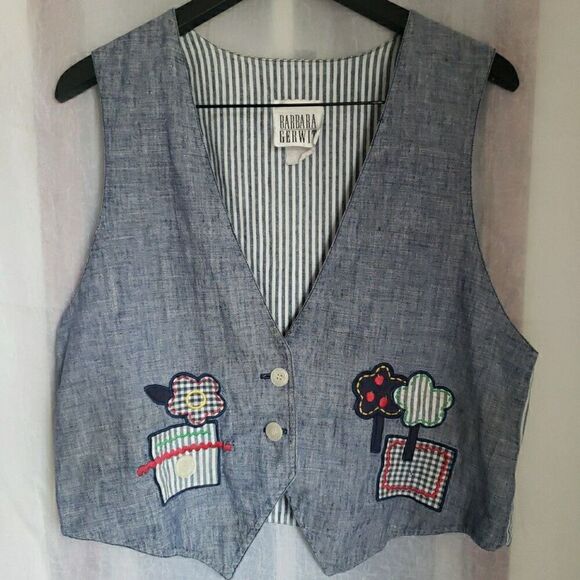 Vintage Barbara Gerwit Womens Jean Vest Patch Striped Back Teacher Size L* ? - Picture 1 of 8